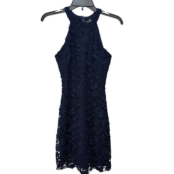 Lulus Navy Blue Halter dress with Floral lace overlay. Size XS - Picture 3 of 7